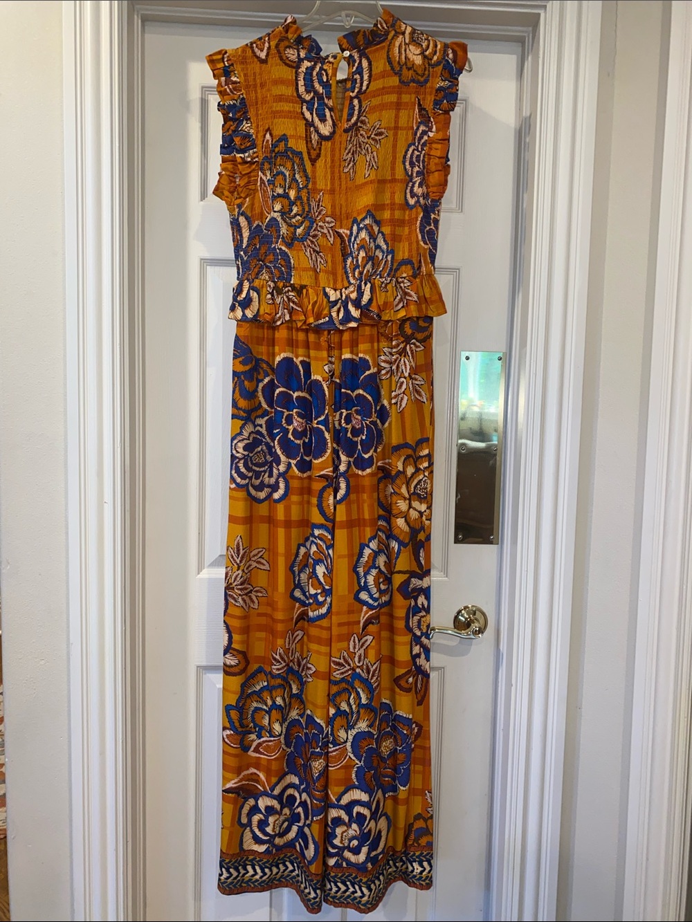 Farm Rio Anthropologie Mustard Floral Wide-Leg Jumpsuit with Ruffle Details - Picture 3 of 5